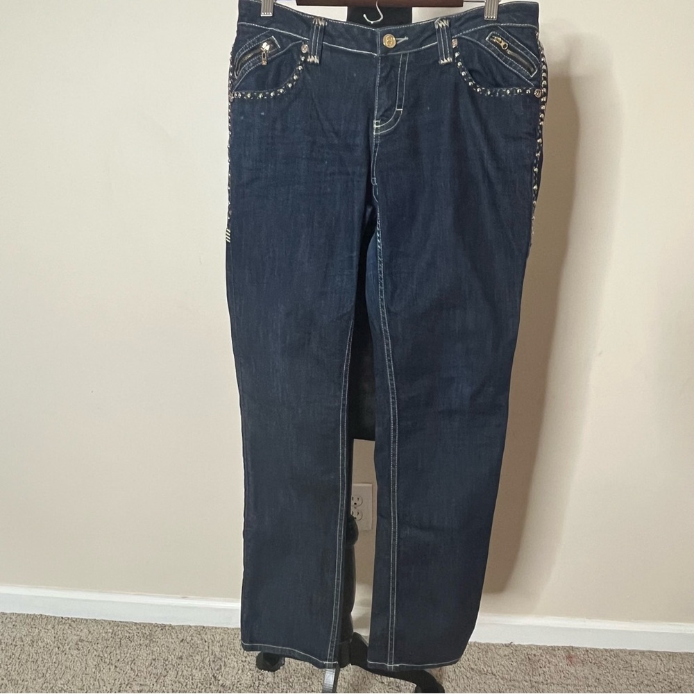 Coogi Thick Stitch Stud Zip Pocket Low Rise Straight Leg‎ Dark Wash Jeans 11/12